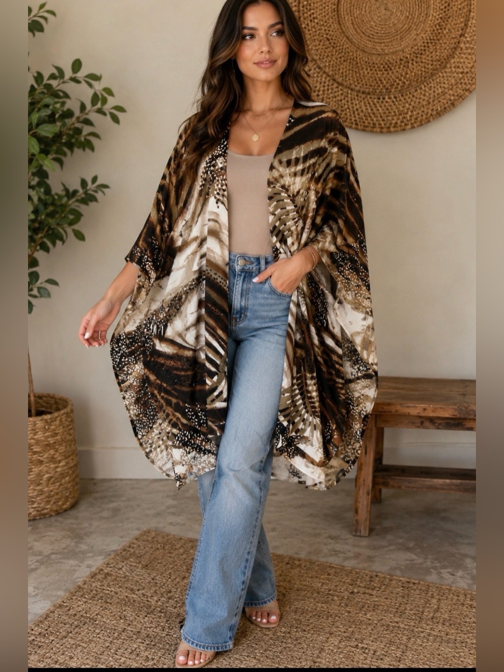Chico's Brown Cream and Black Printed Poncho Shrug